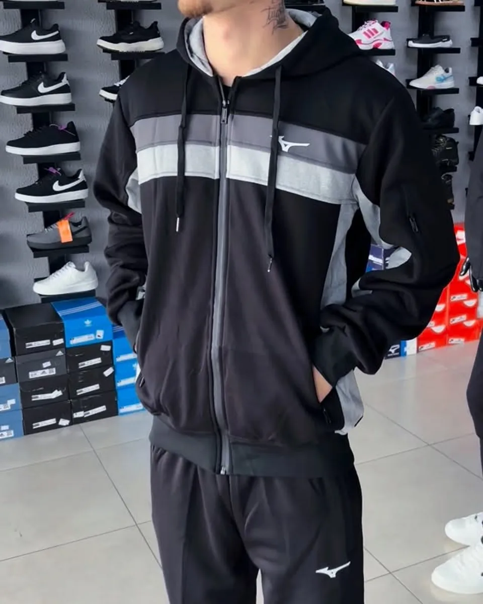Conjunto de moletom Mizuno preto e cinza