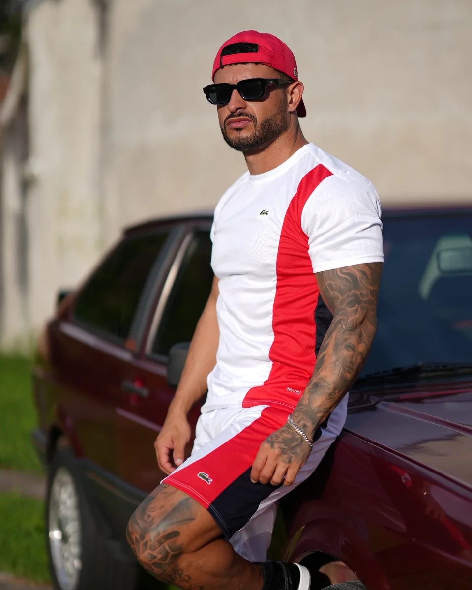 Conjunto Dry Fit Lacoste branco e vermelho